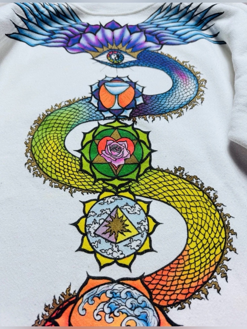 Vintage 80s Snake Chakras Third Eye Hanes White Crewneck Sweater XL - Picture 2 of 7